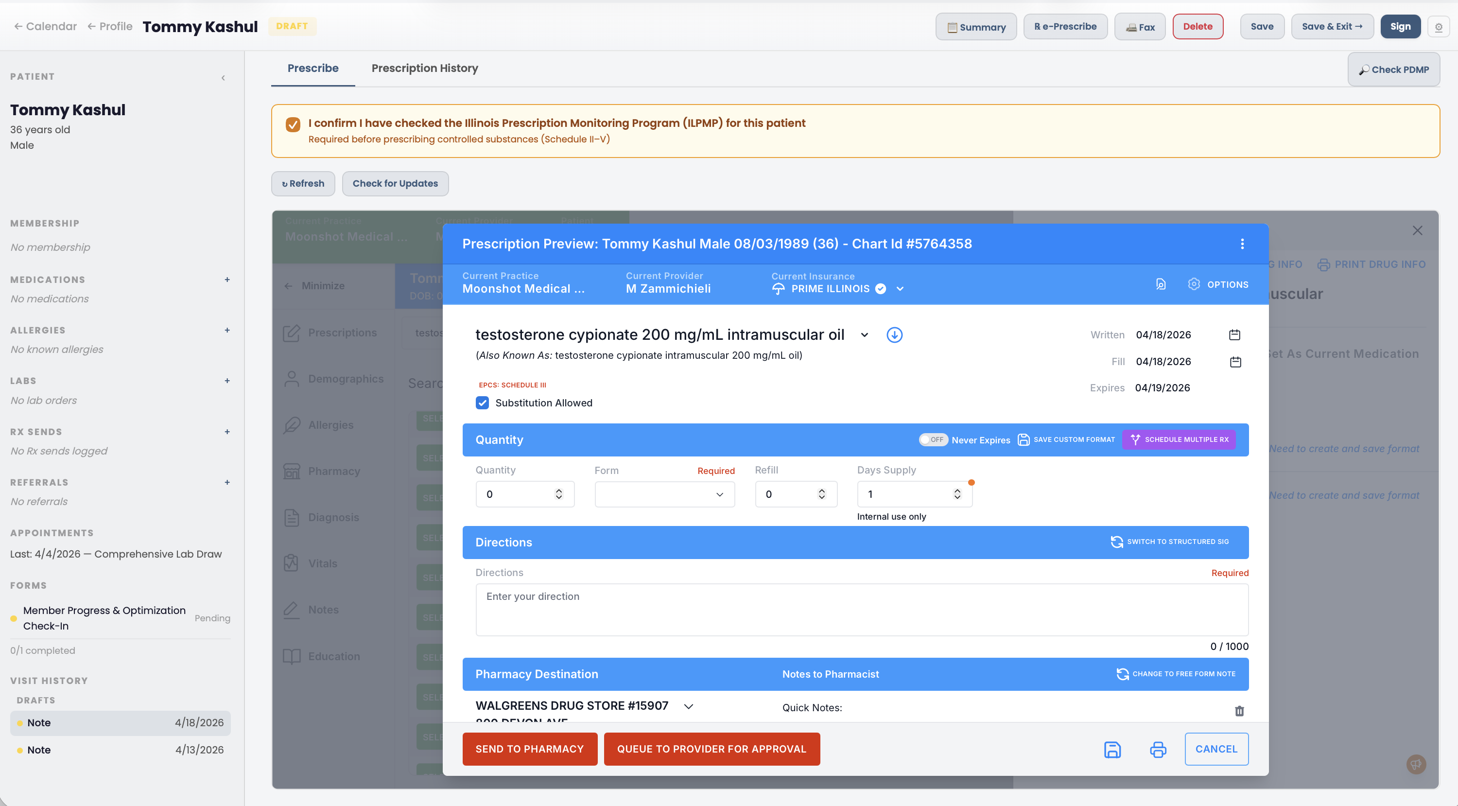 Patient billing tab with membership detail and payment history