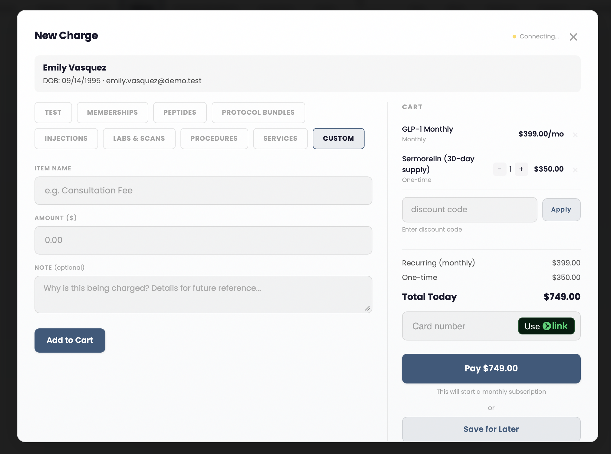 New charge modal with product categories and cart