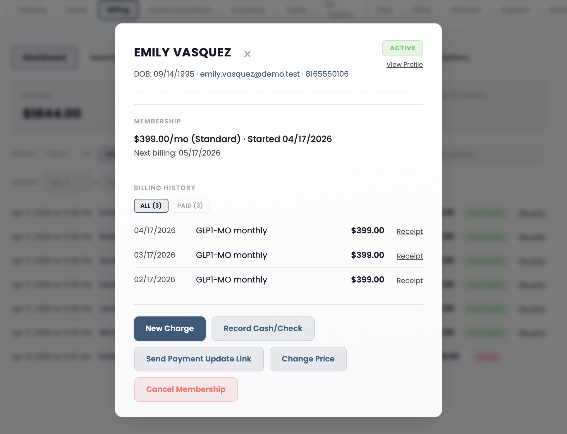 Patient billing detail with GLP-1 membership and payment history