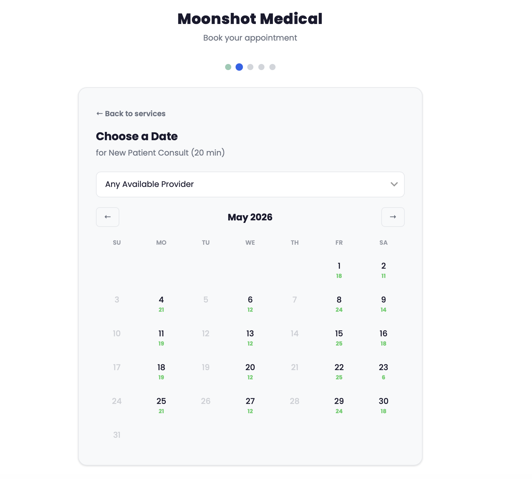 Online booking flow with date picker for scheduling appointments