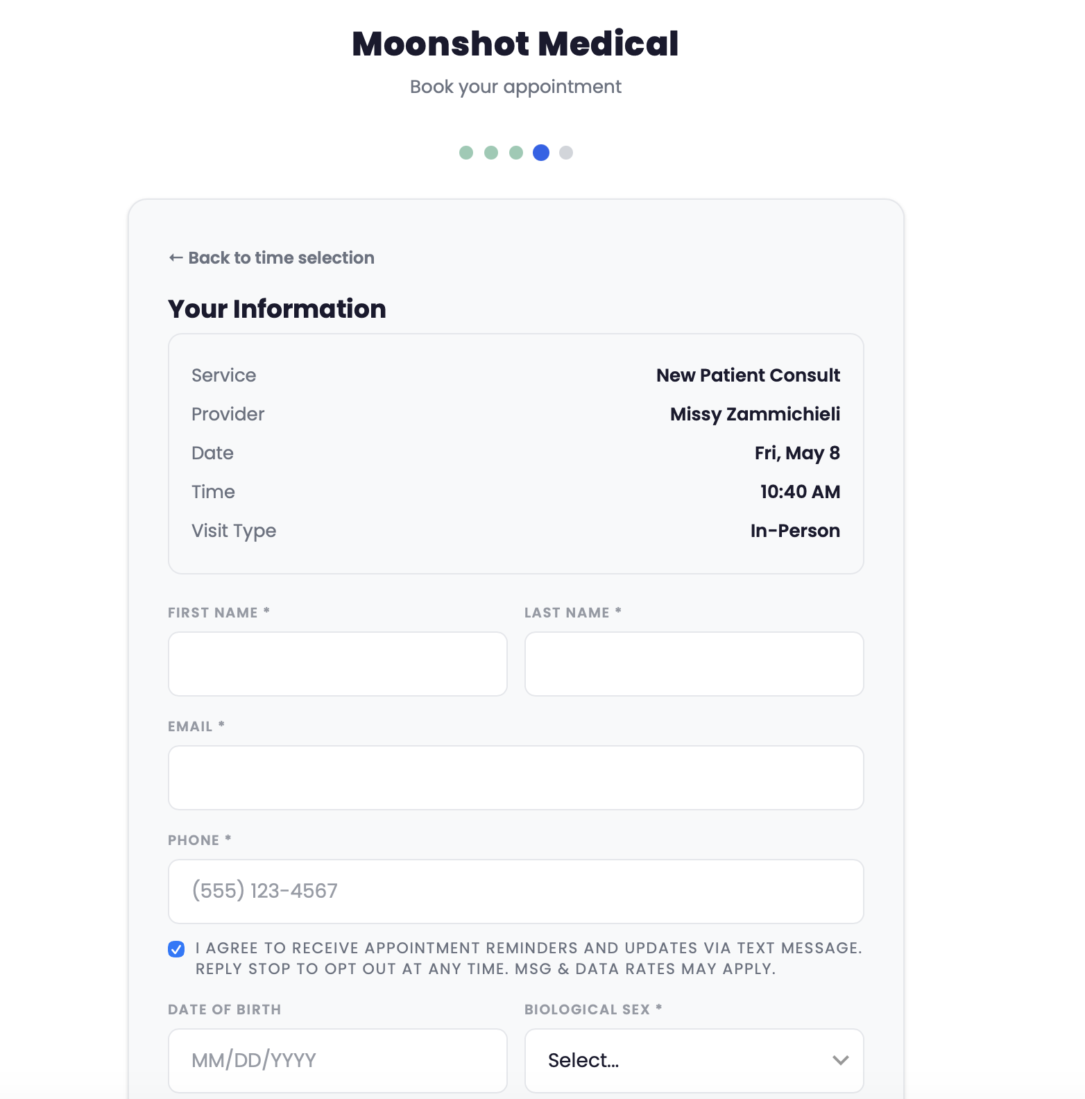 Booking flow patient information form