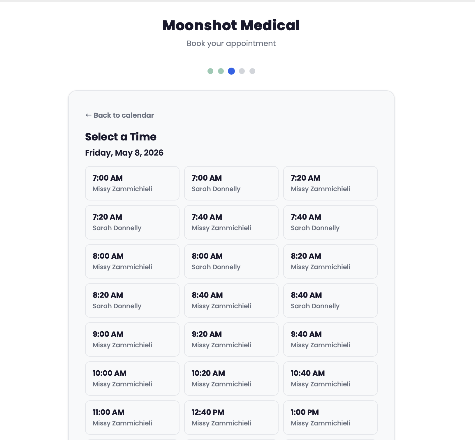 Booking flow time slot selection