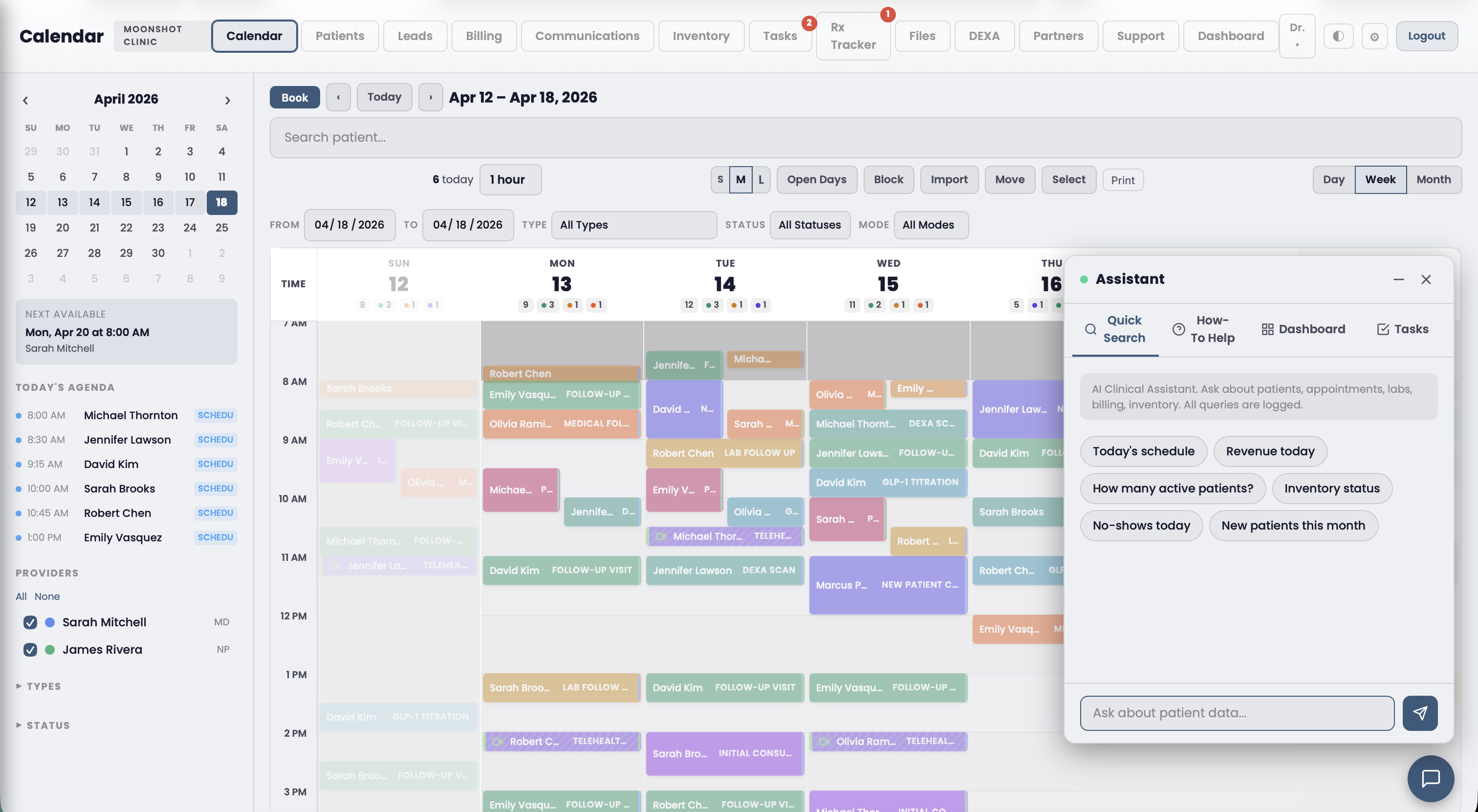 Moonshot Clinic EHR showing weekly calendar with color-coded appointments and the AI clinical assistant overlay with quick-action chips