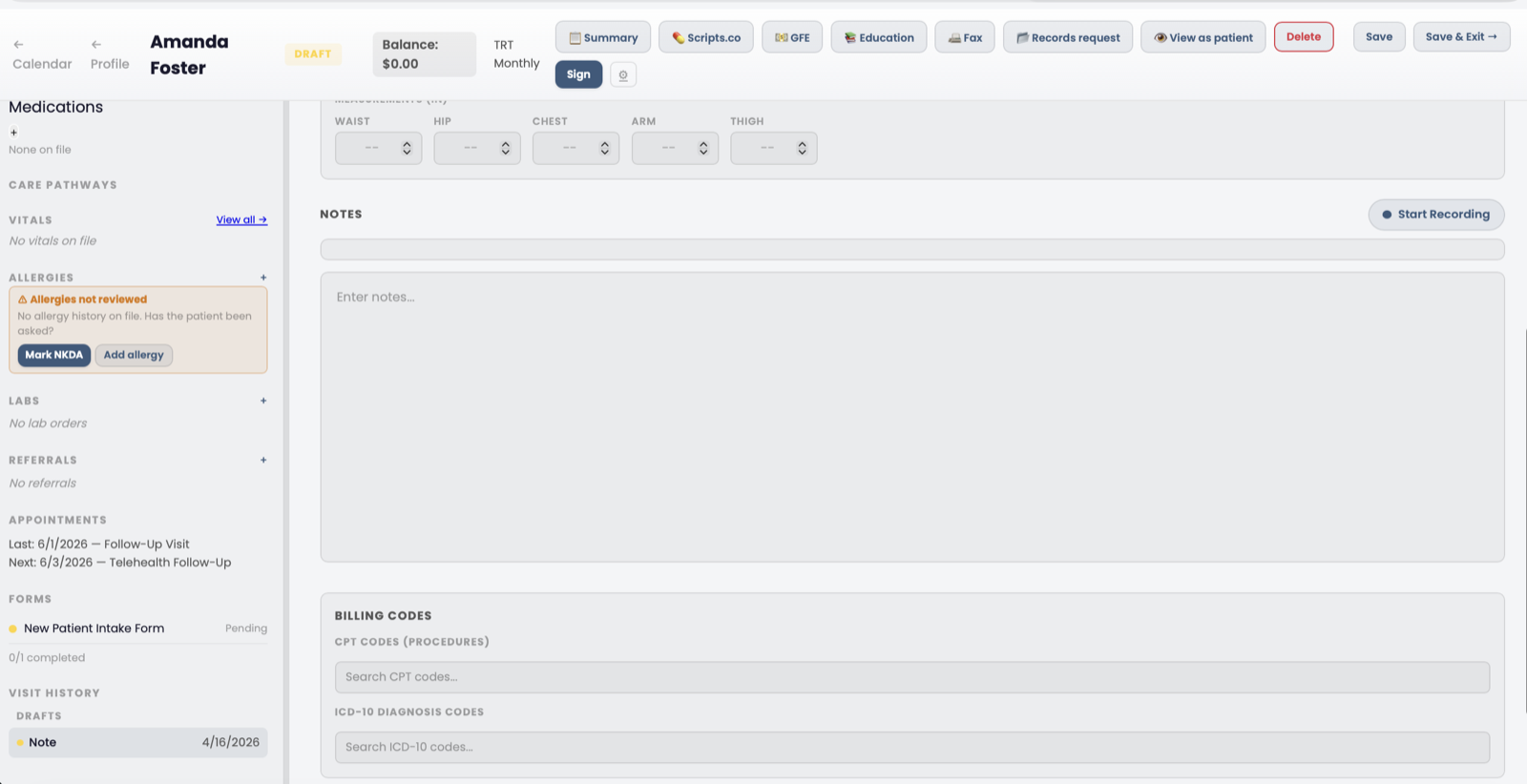 Encounter note editor showing the notes field, ambient scribe recording, body measurements, and CPT/ICD-10 billing codes alongside the patient sidebar