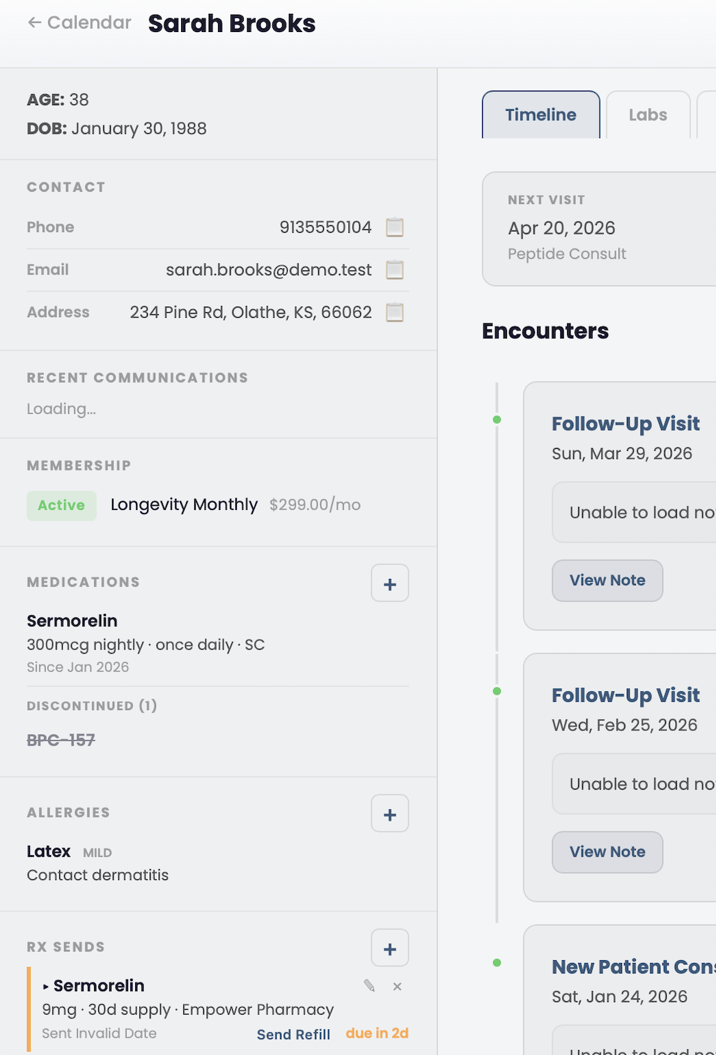Patient chart sidebar showing demographics, membership status, active and discontinued medications, allergies, and RX send history alongside the encounter timeline