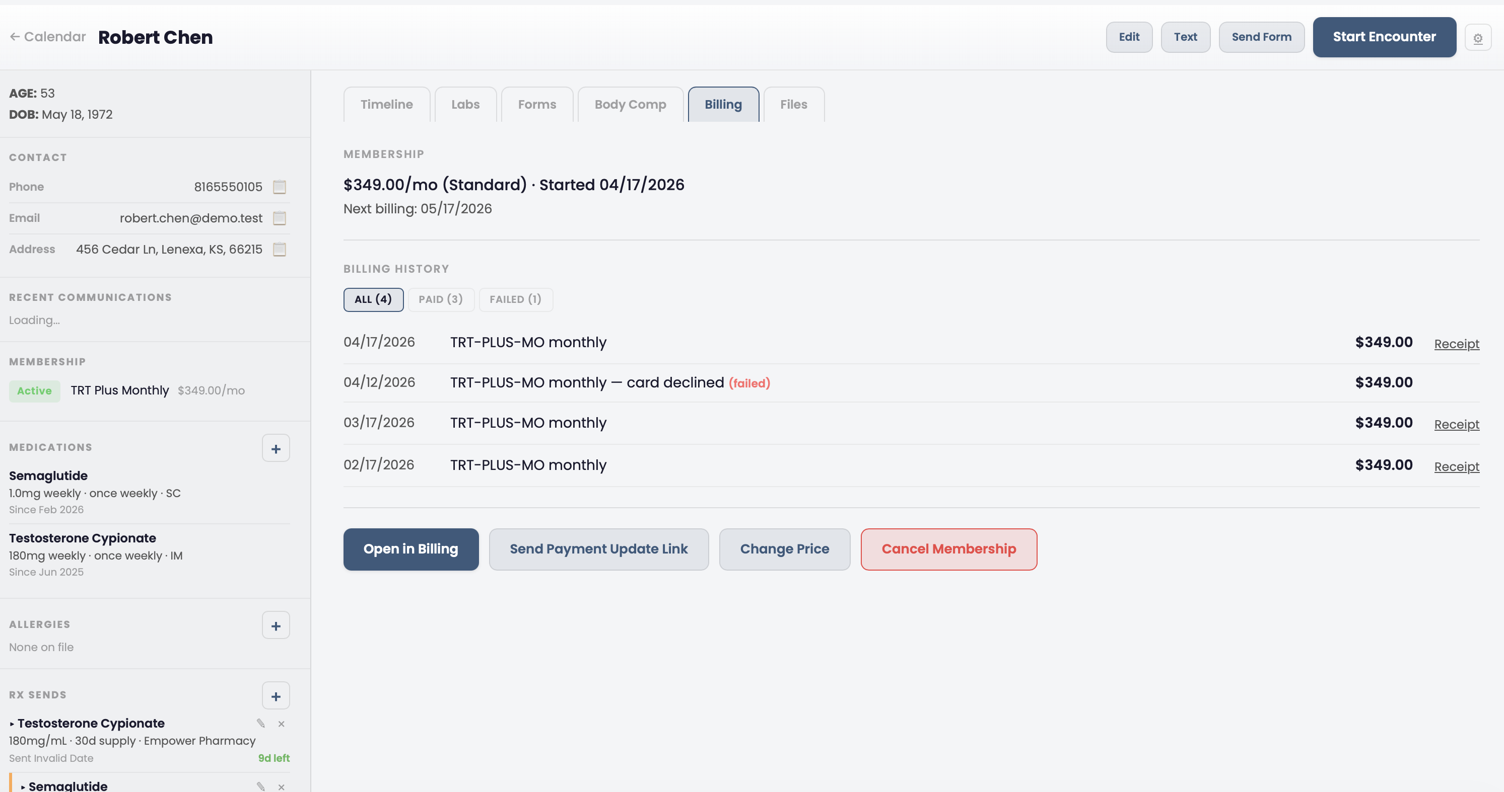 Prescription history showing sent, filled, and cancelled status tracking
