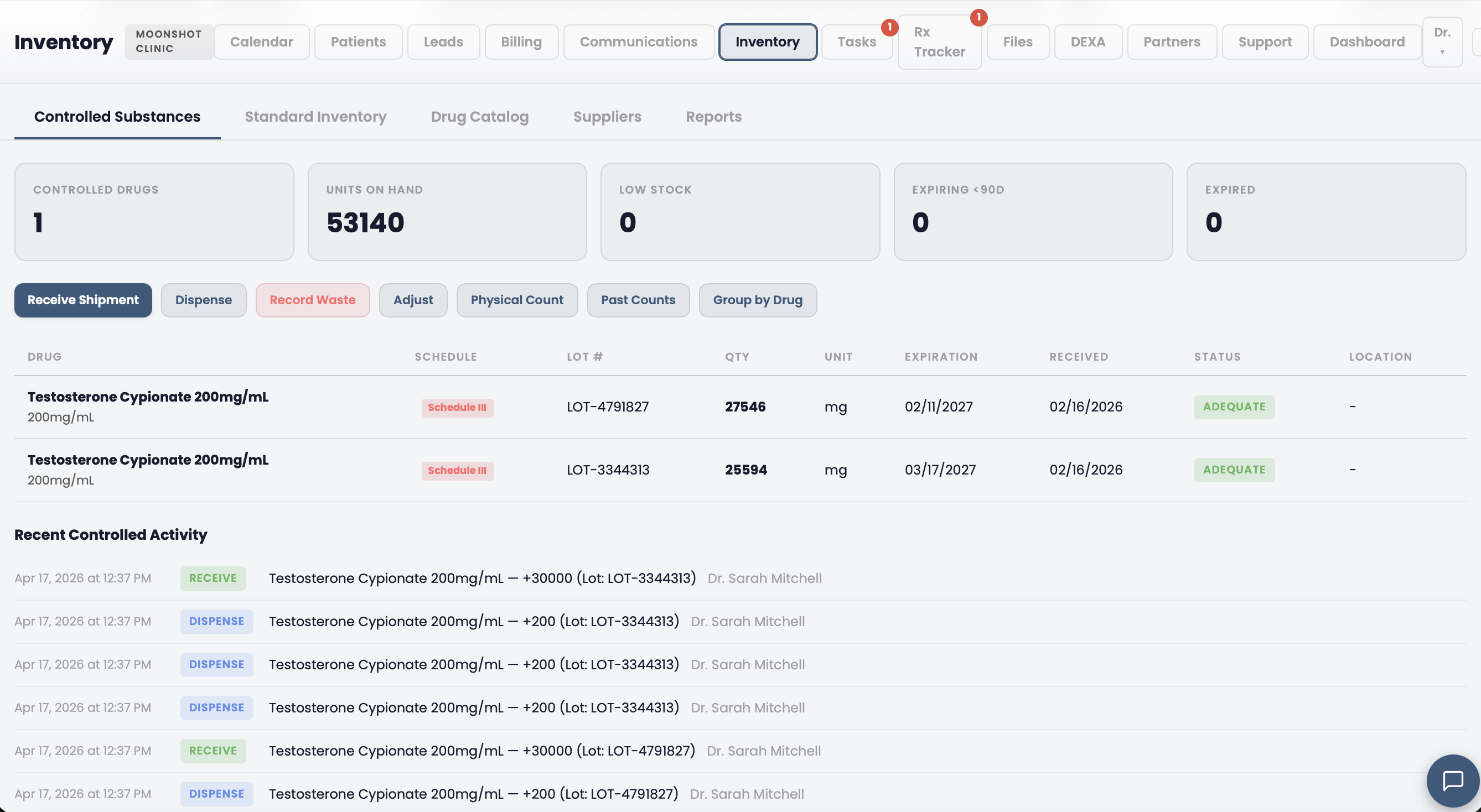 DEA-compliant inventory tracking with lot numbers and controlled substance log