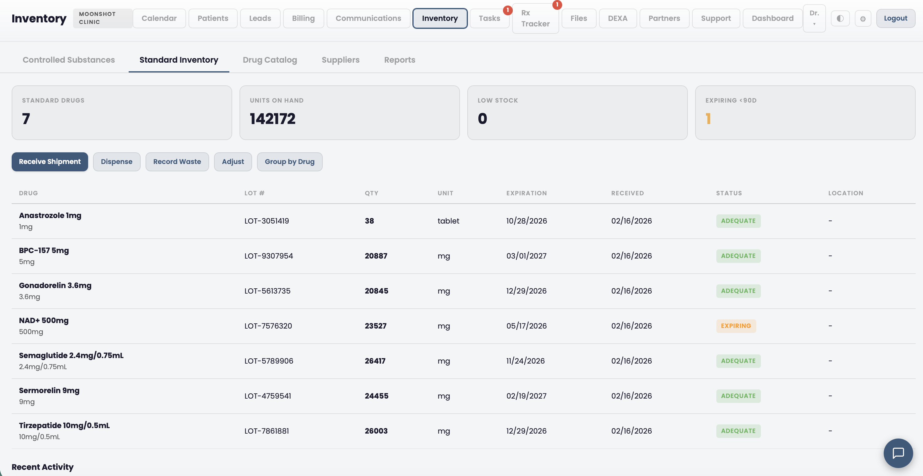 Standard inventory view with quantity tracking and reorder alerts