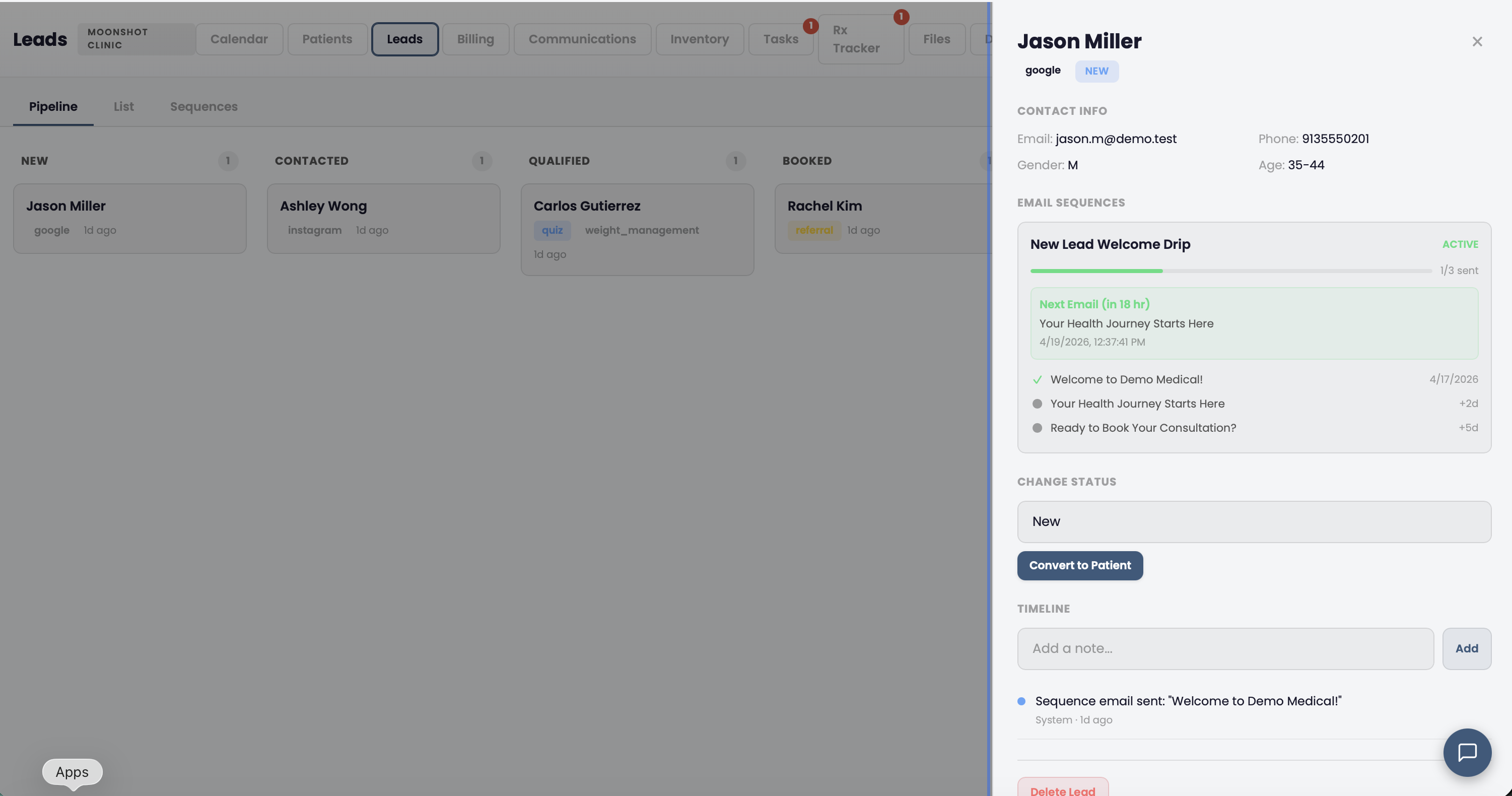 Moonshot Clinic CRM showing lead pipeline, referral sources, and conversion tracking