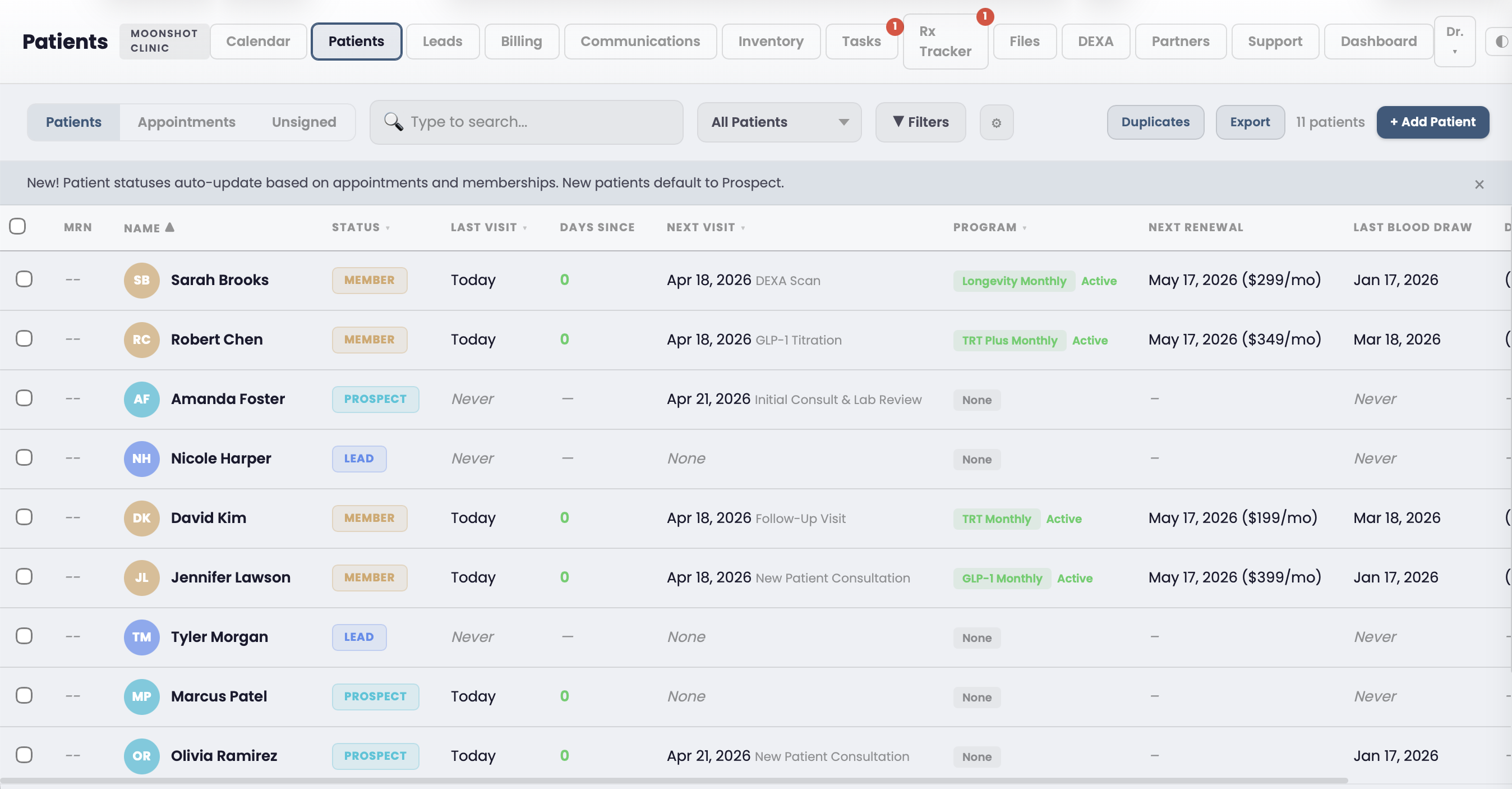 Moonshot Clinic messaging dashboard showing SMS conversations, email campaigns, and automated sequences