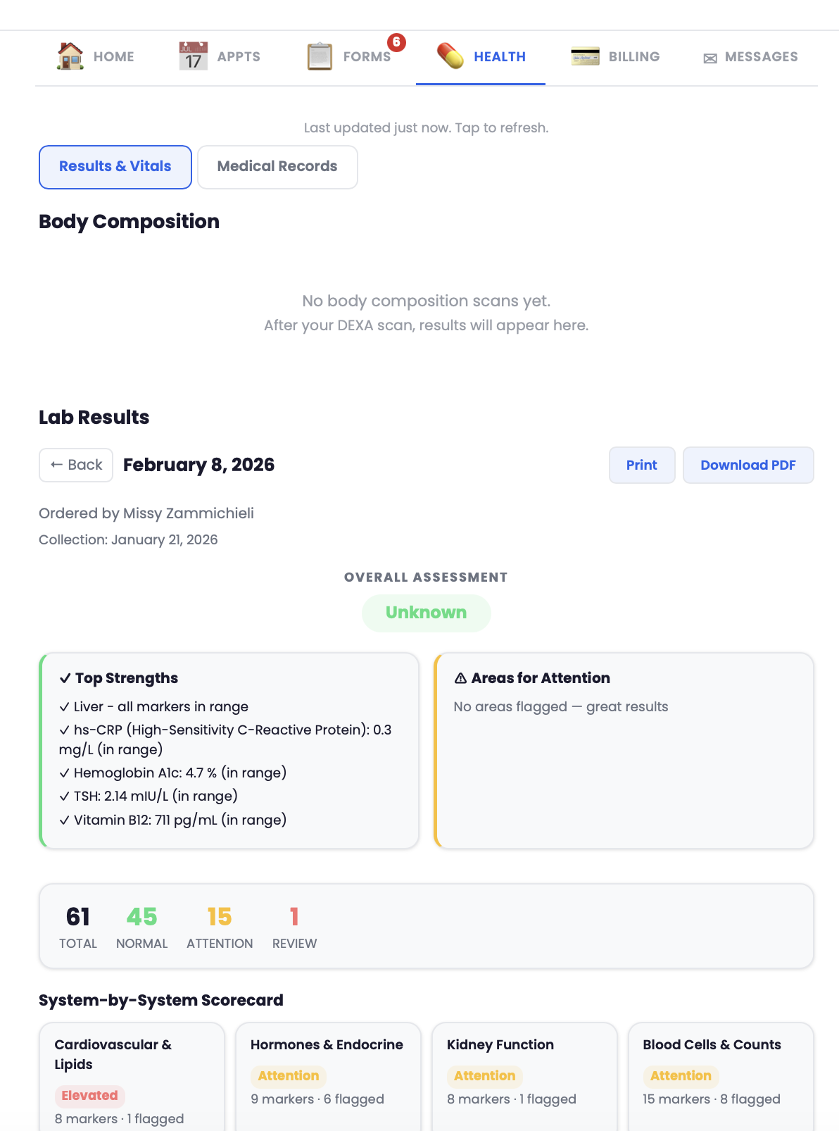 Patient portal health tab showing lab results, body composition, and biomarker scorecard